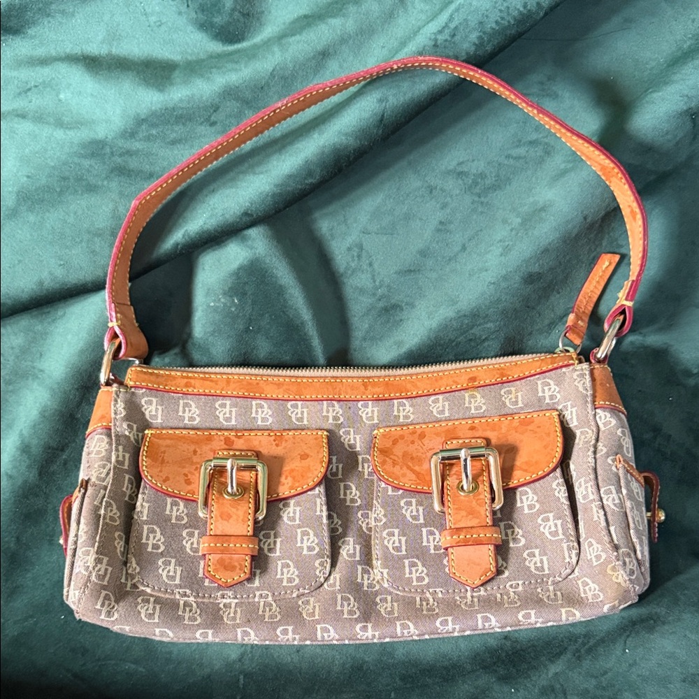 Cute Dooney & Bourke Monogram Brown Canvas Shoulder Bag with Tan Leather Trim